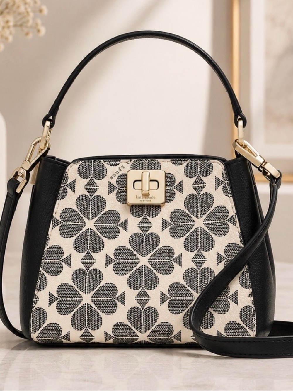 Kate Spade Black & Cream Patterned Top-Handle Shoulder Mini Bag